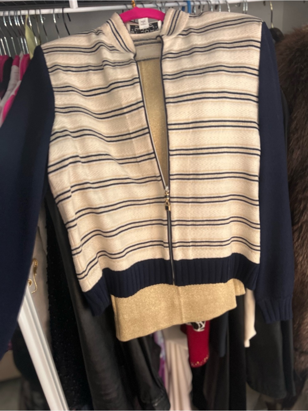 St. John Navy and Cream Striped Zip-Front Cardigan